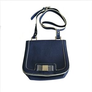 LULU Lulu Guinness Crossbody Navy Faux Leather Purse w/ White Trim Shoulder Bag